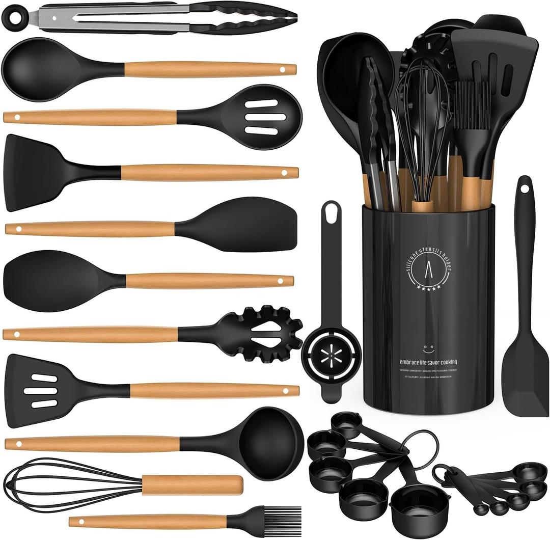 Silicone Cooking Utensils Set - Silicone Kitchen Utensils for Cooking Wooden Handles, 446F Heat Resistant Kitchen Utensil Spatula Sets w Holder, Gadgets for Non-Stick Cookware BPA FREE (Black)