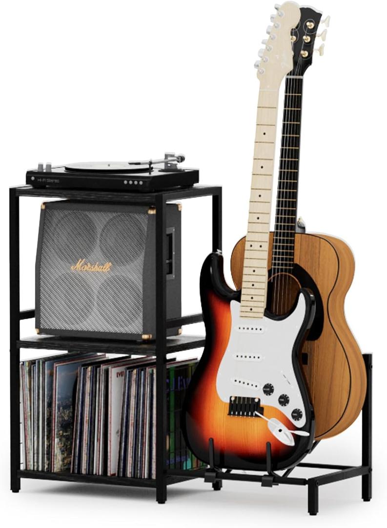 End Table with Guitar Stand,Record Player Stand,Vinyl Records Storage,2-Tier Guitar Stand for Acoustic, Electric Guitar,Bass,Turntable Stand Side Table for Music Room Studio Living Room-Black