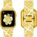 Supoix Compatible with Apple Watch Band 44mm (Series 6/5/4/SE)  Case, Women Jewelry Bling Diamond Rhinestone Replacement Metal Bands & 2 Pack PC Protector Case for iWatch Ultra 3/2/1 Series 11/10/9/8/7/6/5/4/3/2/1/SE (Gold)