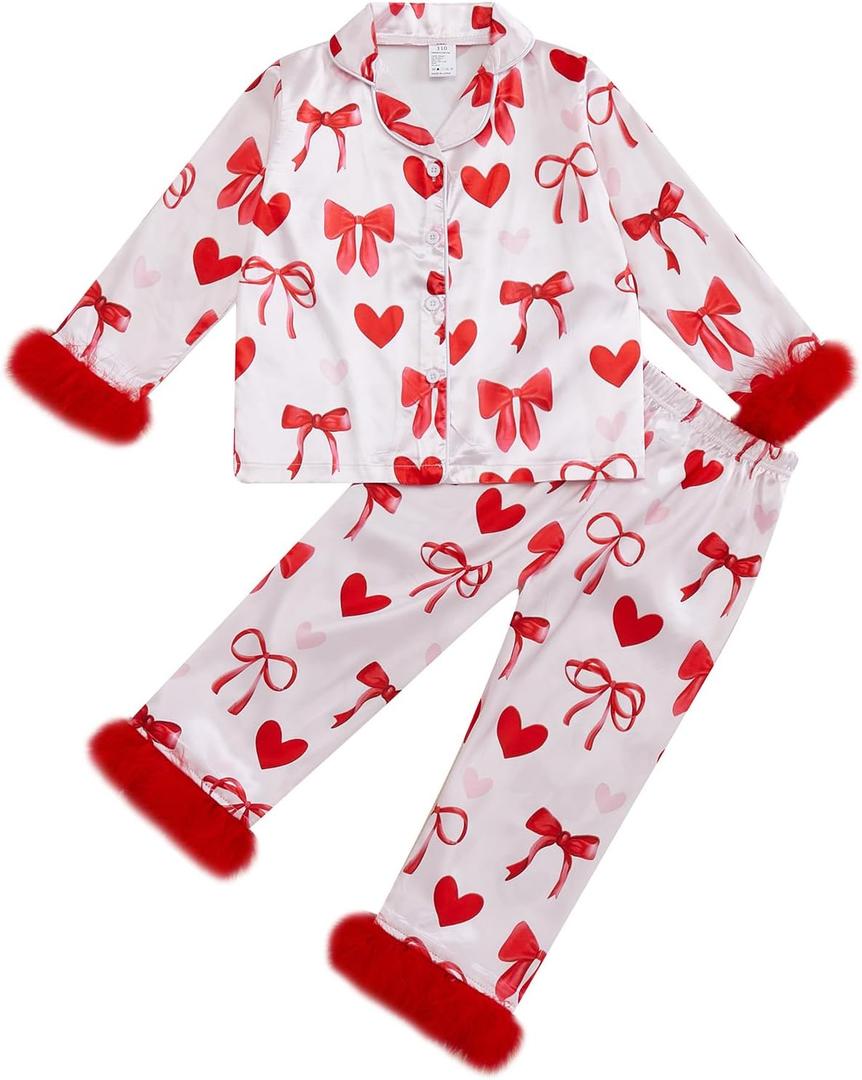 Twopumpkin Toddler Girl Boy Halloween Satin Silk Pajamas Button Down 2 Piece Pajama Set Little Kids Girls Pjs Nightgown (5-6 Years, Valentines Love Heart Bow Red)