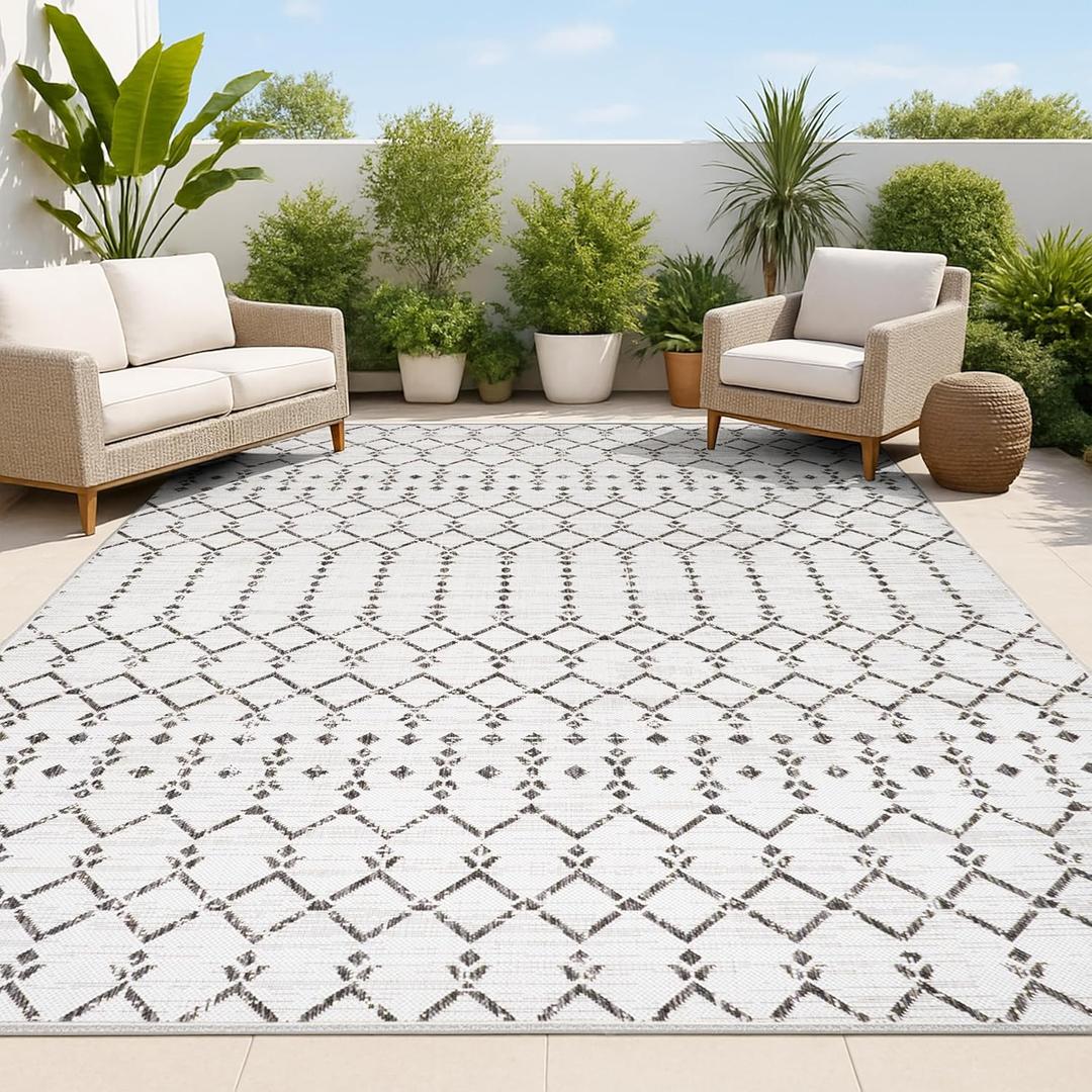 JONATHAN Y Moroccan Geometric Indoor Outdoor Area Rug 5X8 Cream/Black, Ourika Textured Weave for Backyard, Patio, Porch, Easy-Cleaning, High Traffic, Pet-Friendly, Non-Shedding (SMB108I-5)