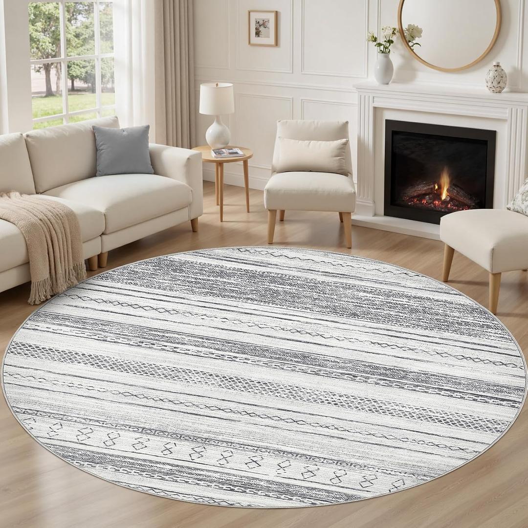 Tortania 8' Round Area Rug Living Room Rugs - Washable Large Soft Neutral Boho Moroccan Bohemian Farmhouse Rug Indoor Floor Carpet for Bedroom Under Dining Table Home Office Decor - Grey