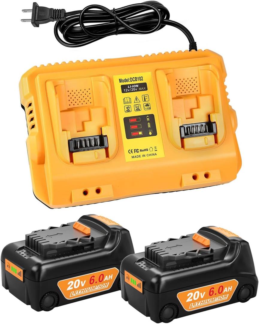 2-Pack 6.0Ah Battery Replacement for Dewalt 20v Battery with DCB102 Battery Charger Station (Yellow)