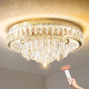 Modern LED Ceiling Crystal Chandelier: 20" Gold Dimmable 3CCT with Remote