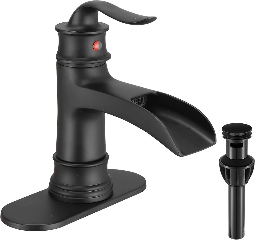 FRANSITON Waterfall Faucet Bathroom Faucet Single Handle One Hole Matte Black Finish Large Spout Lavatory Faucets (Matte Black)