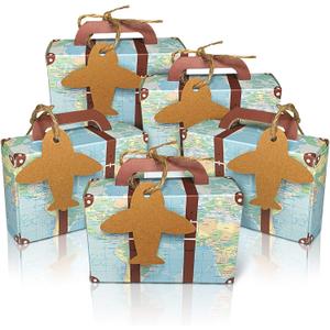 50Pcs Party Favor Candy Box, World Map Mini Suitcase Favor Box, Vintage Kraft Paper with Tags and Burlap Twine for Travel Themed Party, Bridal Shower, Wedding Decorations