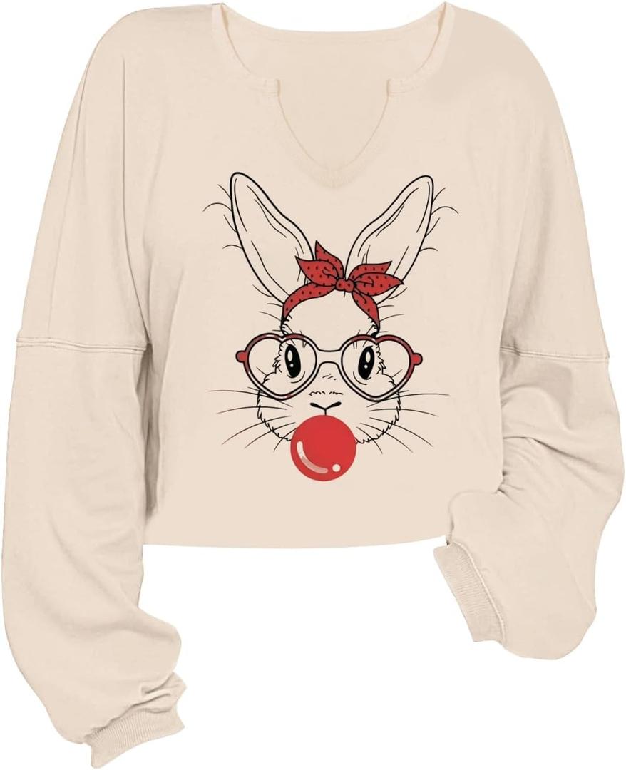 Women's Easter Bunny Sweatshirts Long Sleeve V Neck Cropped Cute Rabbit Shirts Graphic Top (Beige, XL)