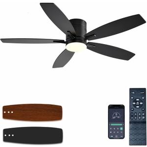 Ceiling Fans with Lights, 52" Low Profile Indoor Ceiling Fan with Light and Remote Control, Dimmable, Noiseless, Reversible, Black Ceiling Fan for Bedroom, Indoor/Outdoor Use