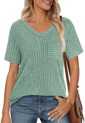 MEROKEETY Women's Short Sleeve V Neck T Shirts 2025 Summer Casual Business Loose Tunic Trendy Tops L