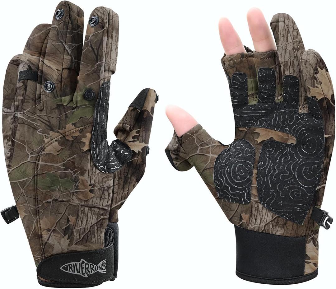 Riverruns Flexible Fishing Gloves Fleece Lining Windproof Ice Fishing Gloves Water-Repellent Touchscreen 3 Cut Fingers (Small, Autumn Forest)