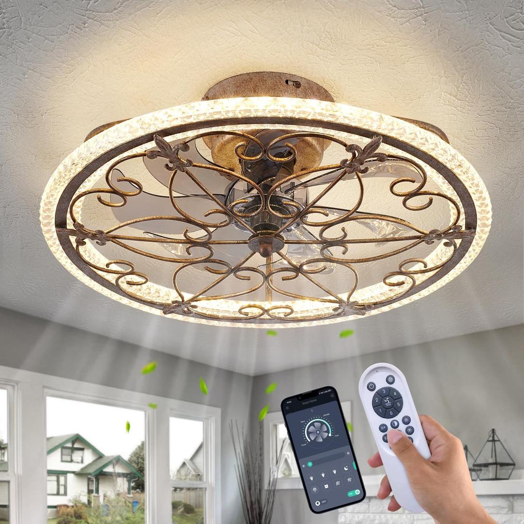HuixuTe Rustic Caged Ceiling Fan with Lights Remote Control, Farmhouse Industrial Ceiling Fan with Light for Kitchen Bedroom Living Room (Rustic Black-Spear Shaped)