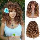 RunM Curly Wig with Bangs for Black Women Long Curly Afro Wig Big Bouncy Fluffy Synthetic Fiber Glueless Hair for Cosplay and Daily 17 Inch（Ombre Blonde）