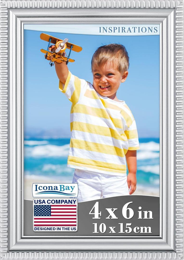 Icona Bay 4x6 Silver Picture Frame Beautifully Detailed Molding, Contemporary Picture Frame Set, Wall Mount or Table Top, Inspirations Collection