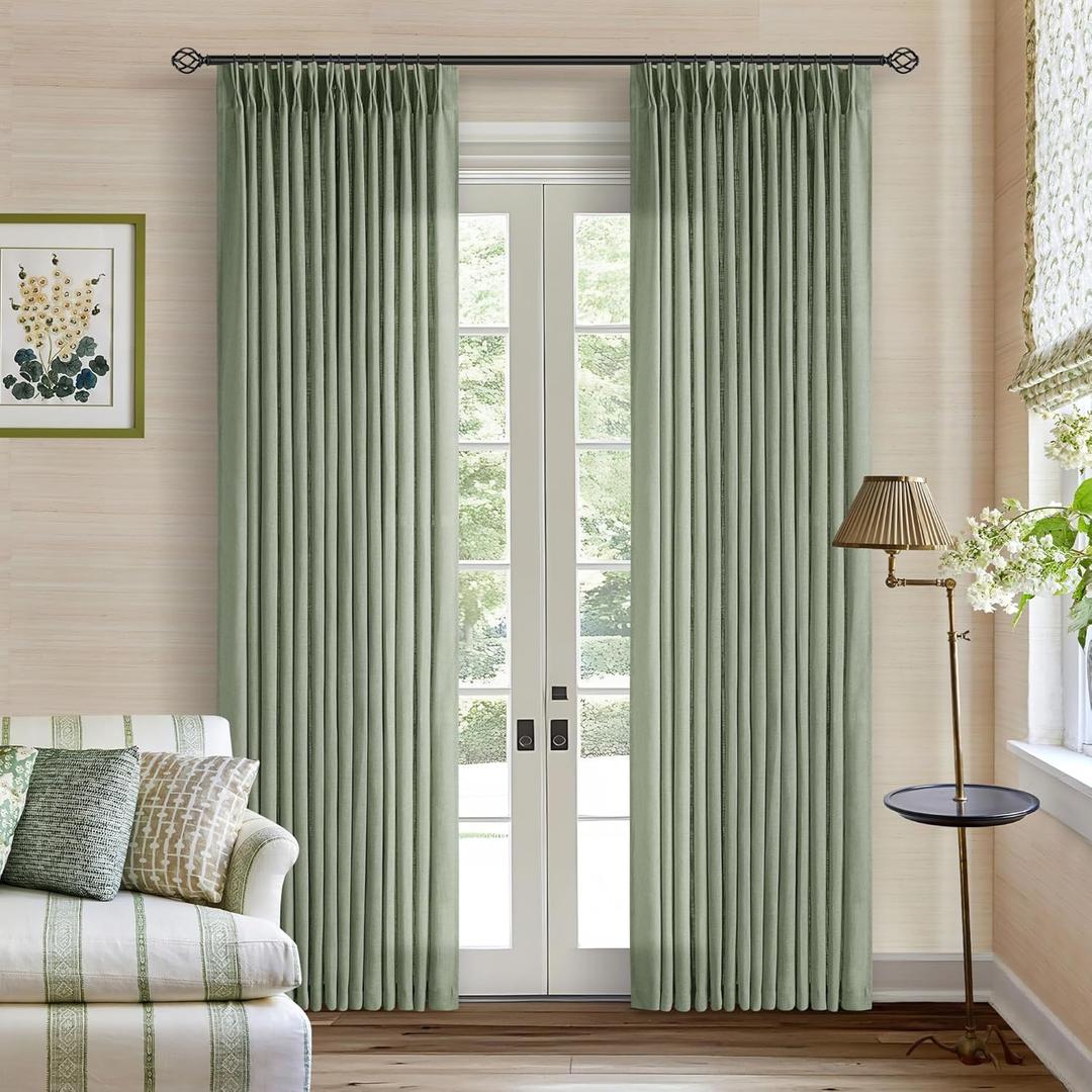 Sage Green Linen Curtains Pinch Pleated 84 Inches Long for Living Room Bedroom Pleat with Rings Back Tab Semi Sheer Curtains 84 Inch Length 2 Panels Set Light Filtering Farmhouse Drapes Light Green