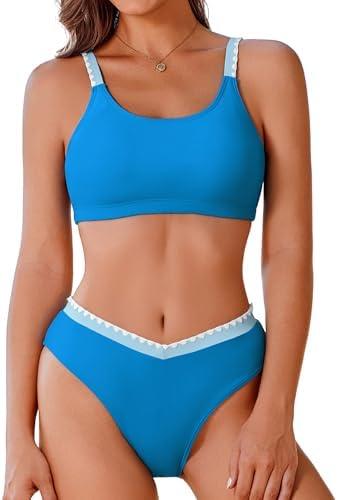 AI'MAGE Women's High Cut Bikini Set 2 Piece Sporty Swimsuit Color Block Bathing Suit with Trim M, Blue