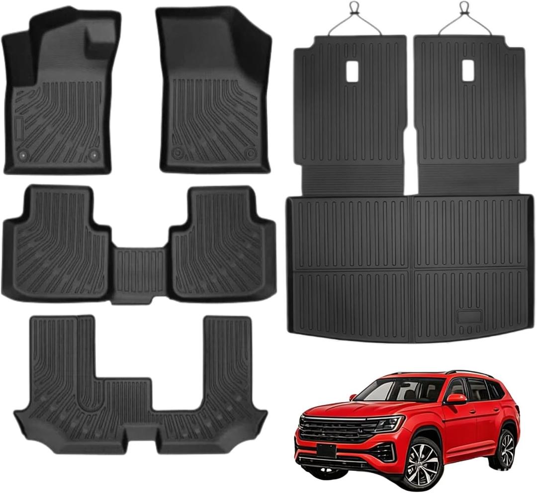 Floor Mats for 2018-2025 2026 Volkswagen Atlas 7 Seats (NOT for Cross Sport), All Weather Cargo Mat Trunk Mat TPE Trunk Liner Back Seat Cover for VW Atlas Car Accessories