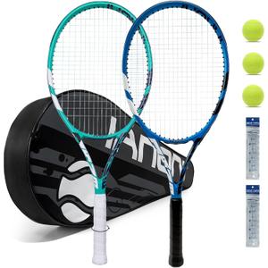 Tennis Rackets for Adults, Pre-Strung 27 Inch Tennis Racquets-2 Player Tennis Racket Set with 3 Balls,2 Grips, 2 Vibration Dampers (blue and green)