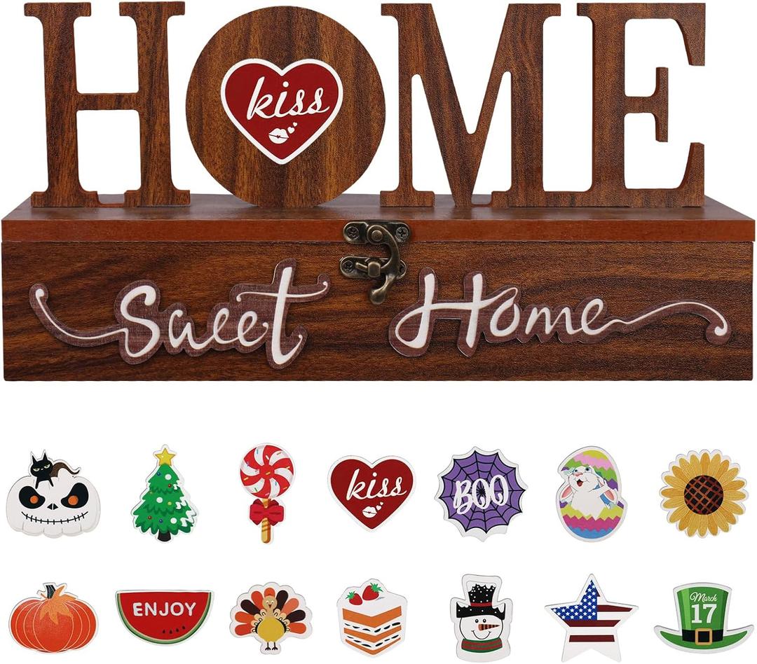 JIALEIXI Interchangeable Home Sweet Home Sign, Wooden Seasonal Tabletop Plaque Decorations, for All Seasonal Desktop House Living Room Indoor Decor. (Brown)