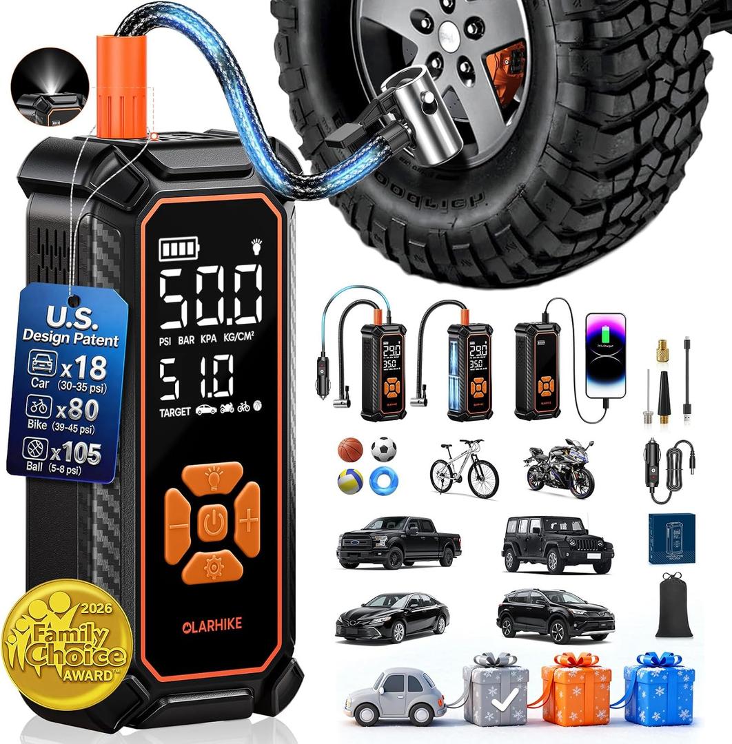 OlarHike Cordless Tire Inflator Portable Air Compressor, Dual Power - 6000mAh & 12V DC, Air Pump for Car Tires, Motorcycle, Bicycle, Electric Pump with LED Light & Digital Pressure Gauge