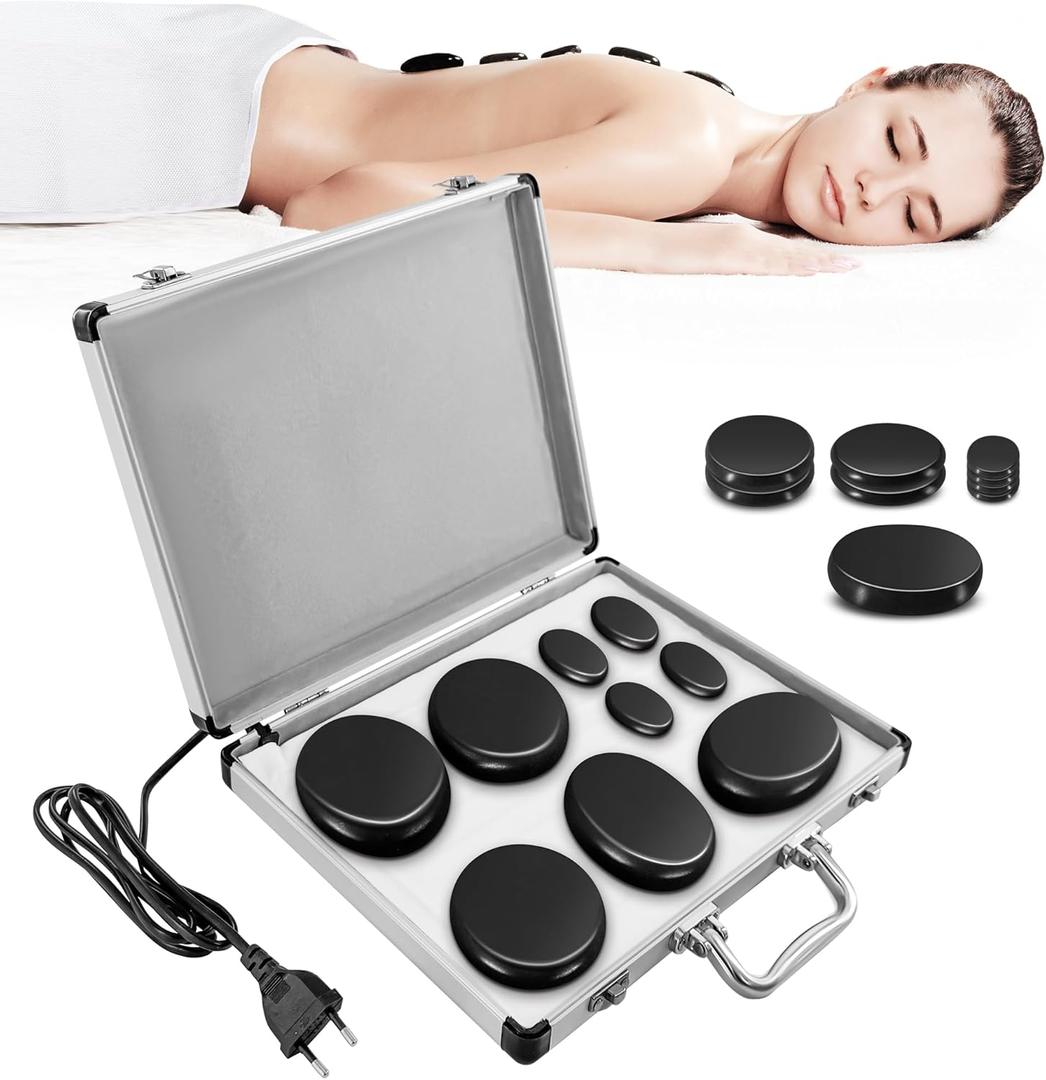 Hot Stone Massage Set, Portable Hot Stones Massage Warmer Kit with Heating Box, Hot Rocks Basalt Stones with Heater for Home Spa Warming Therapy Relaxing (Black, 21 Pcs)