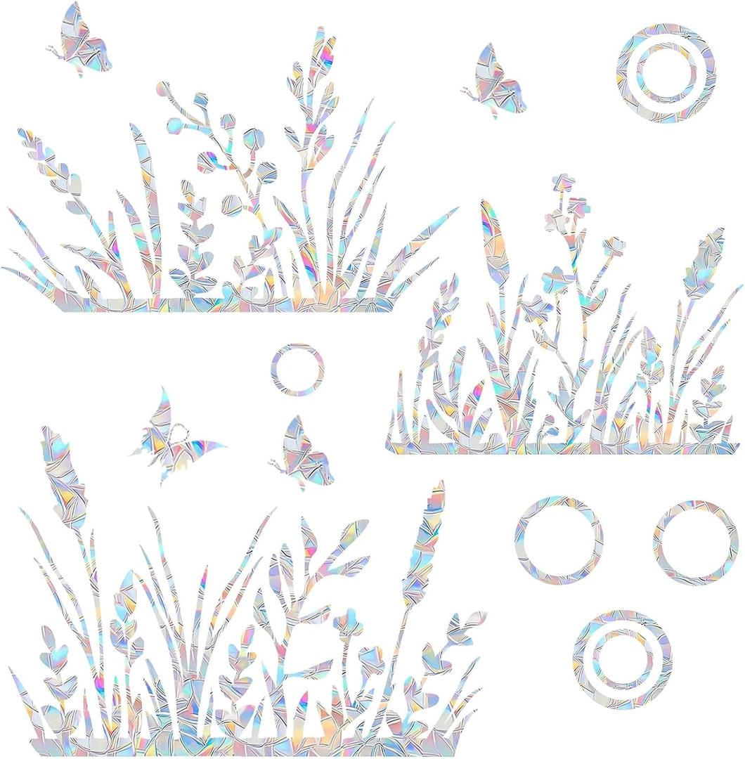 15PCS Flower & Grass Window Clings - Anti-Collision Decals to Save Birds, Non-Adhesive Prismatic Vinyl