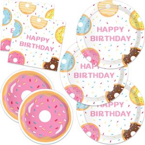 CC HOME 88PCS Doughnut Birthday Paper Plates Napkins Girls Sweet Cake Disposable Tableware Set Party Supplies Tissue Donut Theme Dinnerware Cutlery Kits Serves 24 Guests