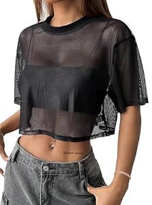 Avanova Women Sheer Mesh Crop Top Boxy Short Sleeve Shirt Black X-Small