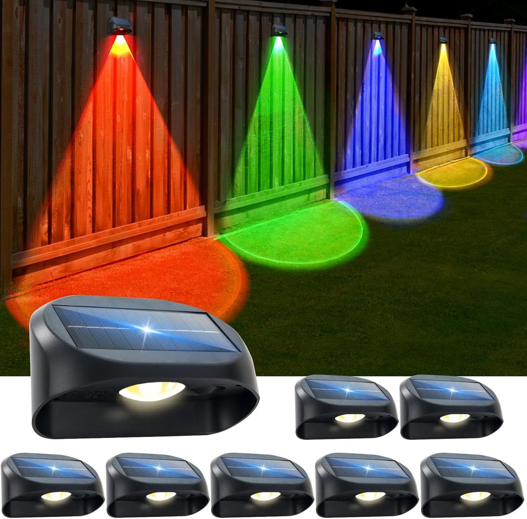 Solar Fence Lights Outdoor Waterproof, Solar Powered Fence Lights with Warm White & RGB Modes, Outdoor Wall Light Fixtures for Backyard, Patio, Deck Railing, Pool, Wall (WRGB 8 Pack)