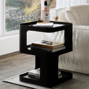 Modern Side Table with Storage for Sofa & Couch,Small End Table for Living Room & Bedroom,Unique Black Metal Nightstand with Open Shelves for Small Space,No Assembly Required