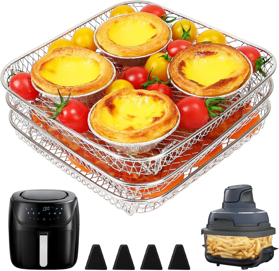 BYKITCHEN 7 Inch Air Fryer Rack Fit for Ninja Crispi/Ninja Pro 5QT/ Cosori 5QT/ Chefman 5-6QT Airfryer &More, Air Fryer Accessories, 3pcs Stackable Stainless Steel Airfryer Basket with Silicon Feet