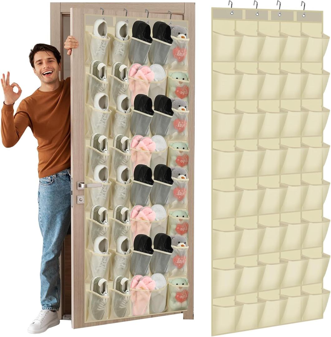 Windyun 40 Over the Door Shoe Organizer Large Mesh Pocket Hanging Shoe Rack for Closet Beige Nonslip Behind Door Storage Holder Back to School Organizer for Dorm Room College Classroom Storage
