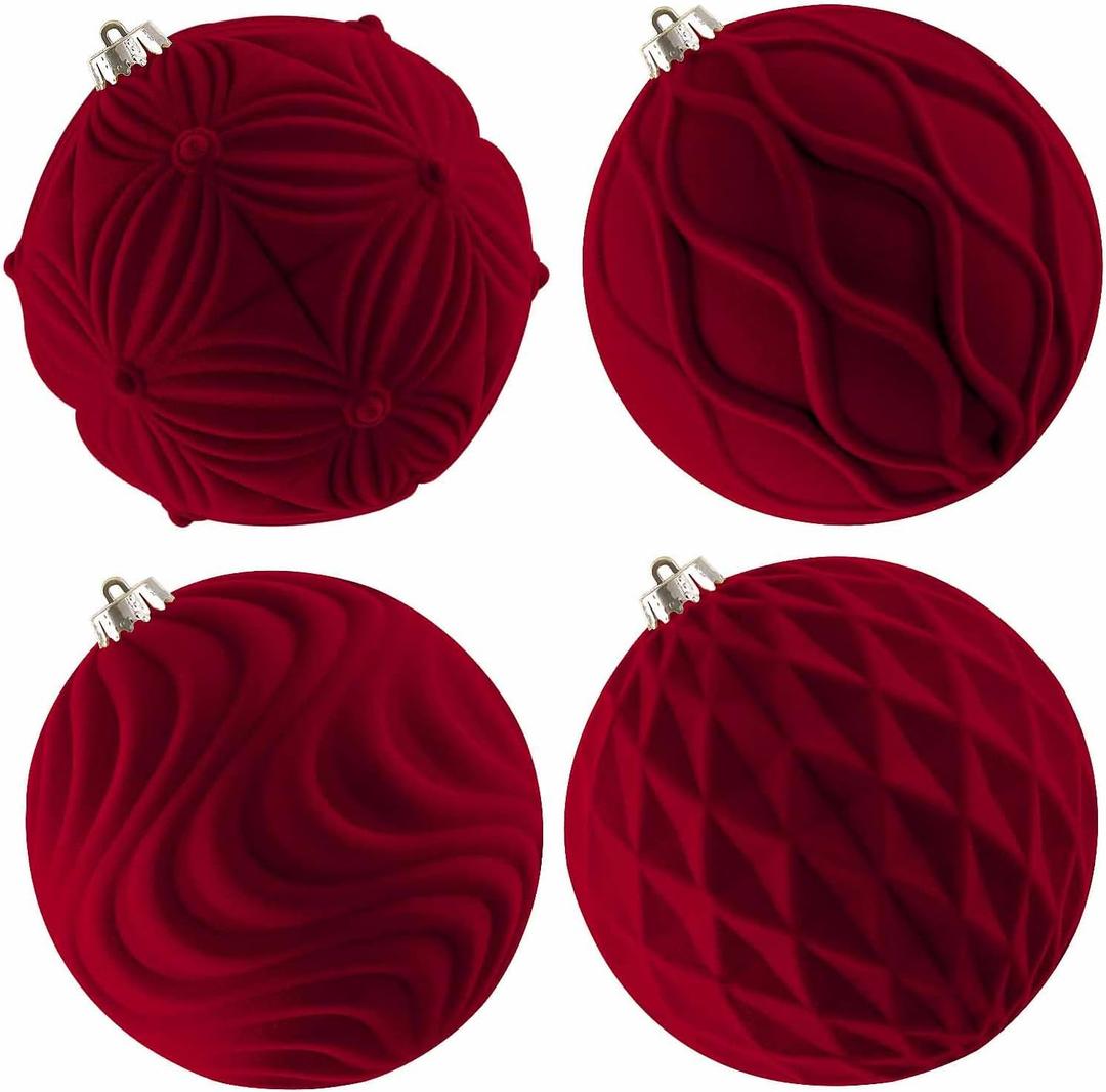 Lanpn 4 Pcs 6" Large Christmas Ornaments, Oversized Velvet Xmas Tree Ball, Big Flocked Christmas Tree Ornament, Shatterproof Plastic Balls for Lawn Yard Holiday Hanging Decor, Red (Burgundy)
