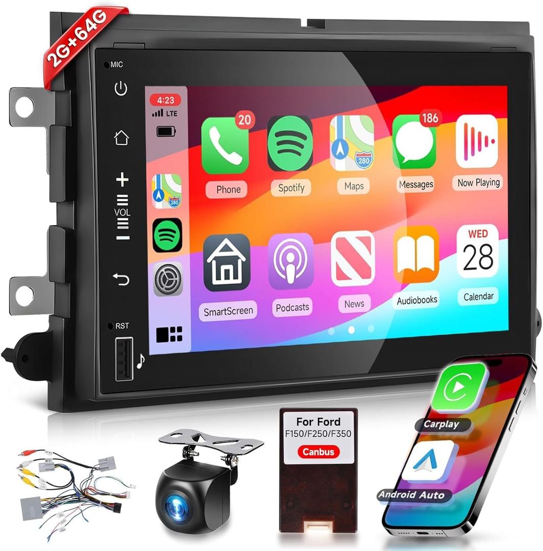Podofo 2G 64G Radio for Ford F150 F250 F350 Fusion Edge Explorer Expedition Car Stereo,7inch 1080p IPS Touchscreen F-150 Stereo with Wireless Carplay Android Auto GPS WiFi FM/RDS EQ Backup Camera