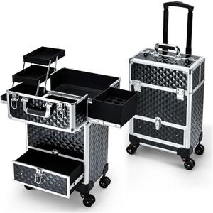 Hododou Rolling Makeup Case Cosmetic Travel Trolley Storage Sliding Drawer 4 Tray Makeup Travel Case with Wheels Salon Barber Case Traveling Cart Trunk for Cosmetologist Nail Tech Hairstylist (EXP 08/20/26)