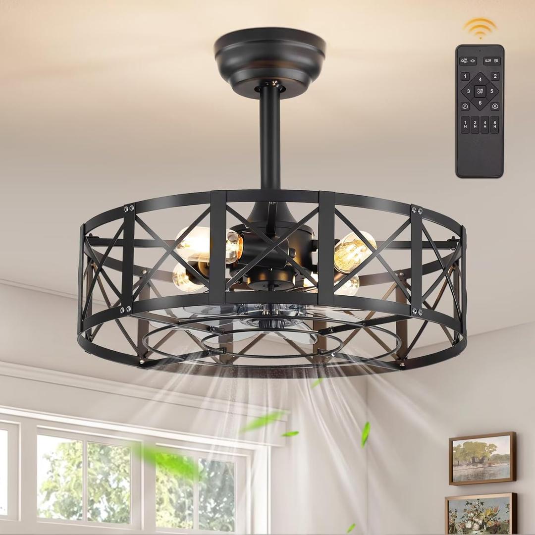 Fanbulous 20 Inch Fandelier Caged Ceiling Fans with Lights and Remote, Black Bladeless Ceiling Fan with 6 Speeds and Timing, Farmhouse Samll Fan Lights Ceiling Fixtures for Kitchen, Bedroom-Black