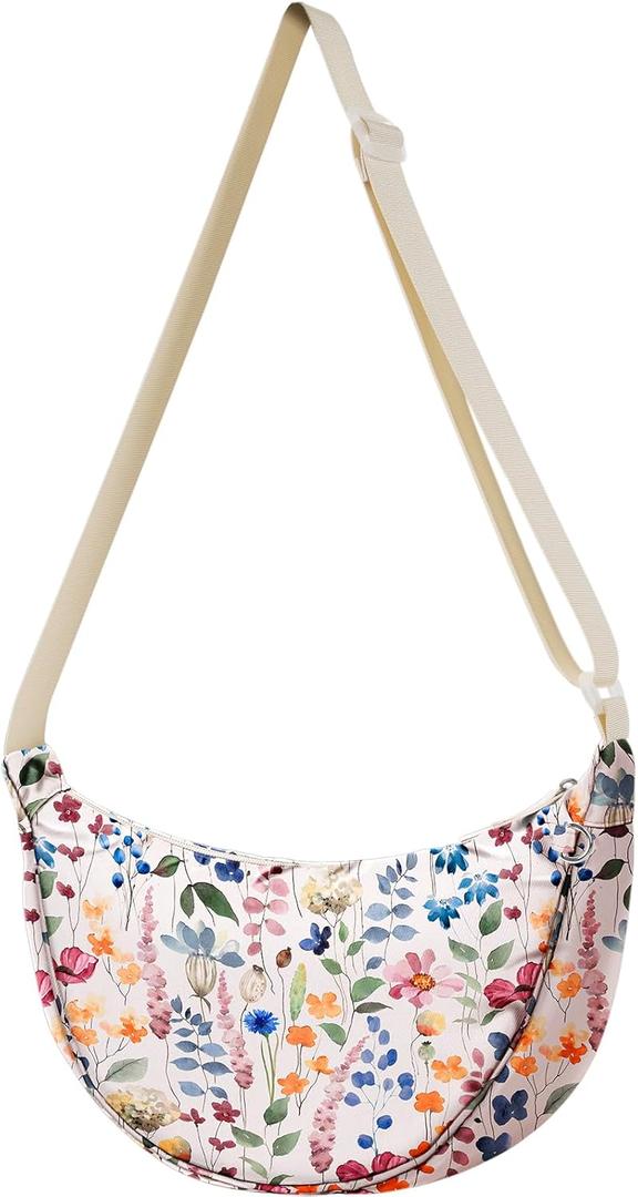 Crescent Crossbody Bags for Women - Nylon Small Crescent Shoulder Bags for Women Teen Girl Cute for Travel (Wild Flower)