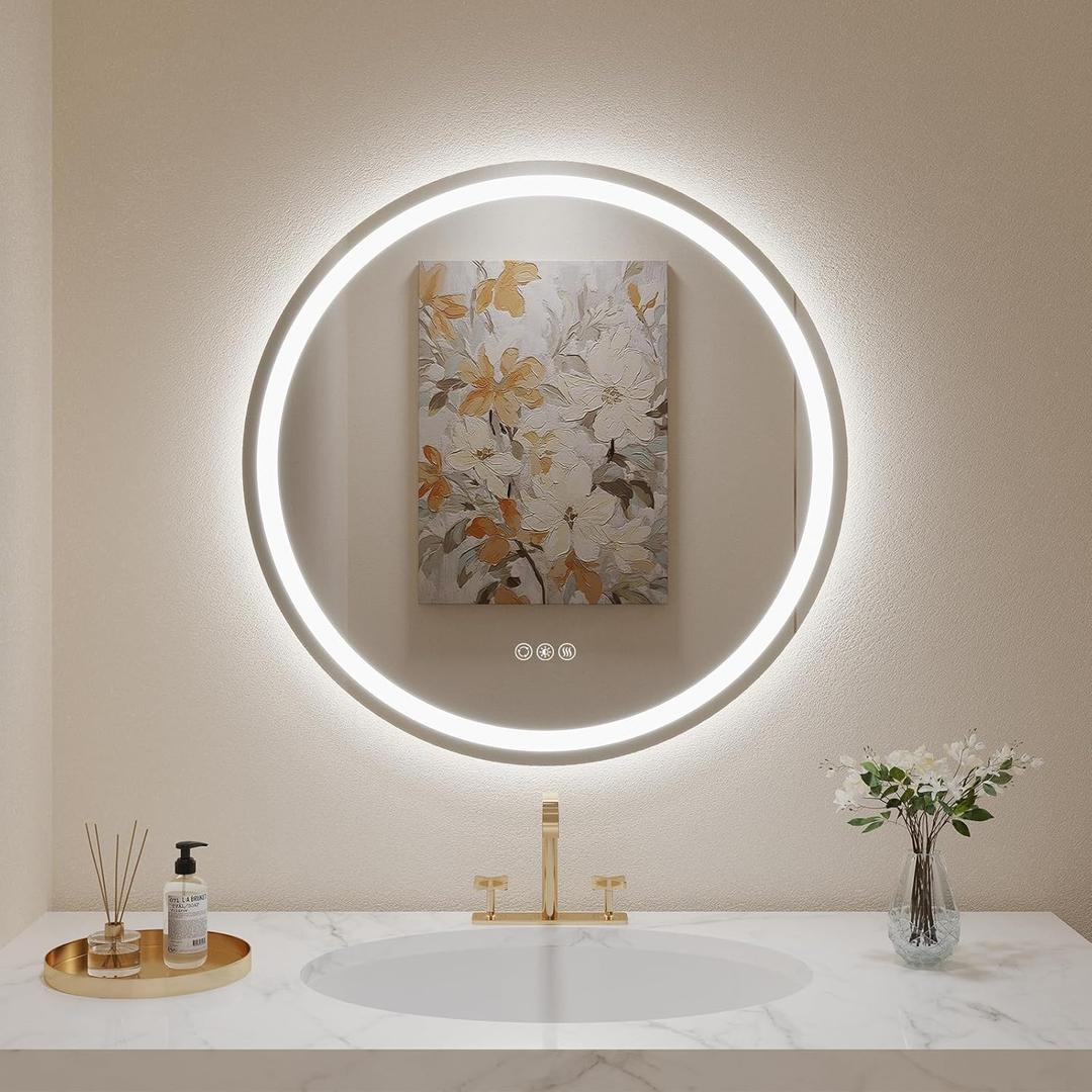 LOVESPEJO Round LED Mirror for Bathroom 24", Anti-Fog LED Bathroom Vanity Mirror with Lights, Dimmable, 3 Colors, IP54 Waterproof (24"L x 24"W, Front and Backlit)