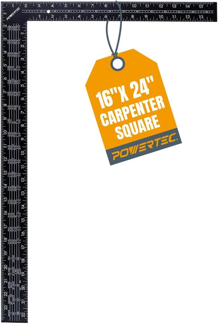 POWERTEC Framing Square, 16 x 24 Inch Steel Carpenter Square with Rafter Tables, Framing Tools & Right Angle Ruler for Carpenter, Woodworking, Construction (80008)