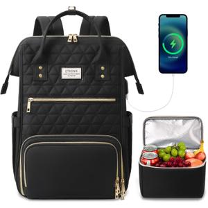 ETRONIK Lunch Backpack for Women, 15.6 inch Laptop Backpack with USB Port, Teacher Nurse Work Backpack with Cooler Bag Insulated Laptop bag Gifts for Women Men, Black