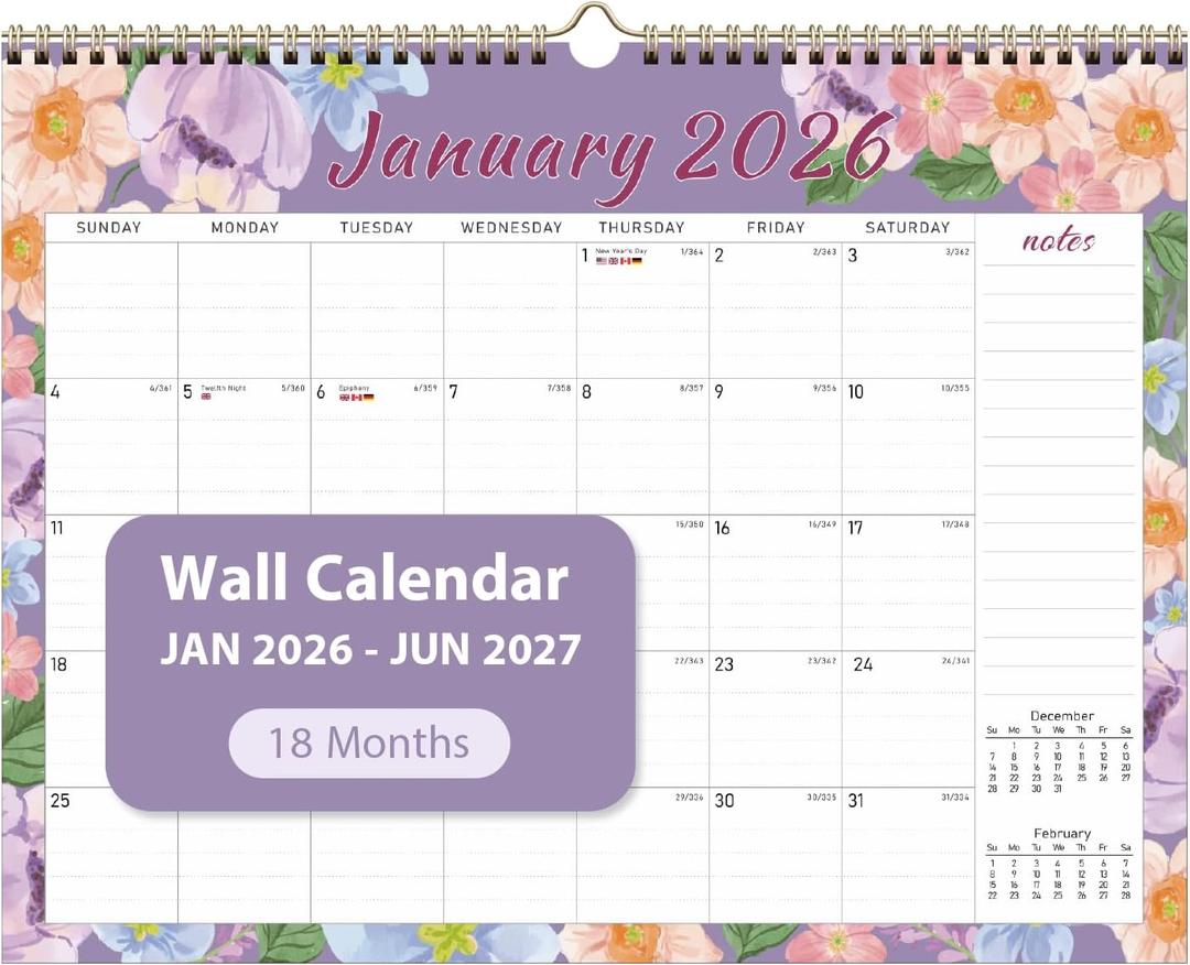 6 x 2026 Wall Calendar, 18 Monthly Wall Calendar from January 2026 to June 2027, Paper Desk Planner(11'' x 8.5''), Hanging for Teacher Family School Office Supplies