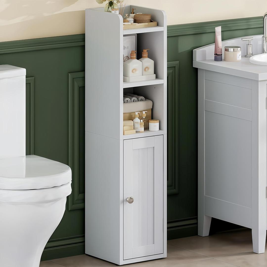 ChooChoo Small Bathroom Storage Cabinet, 7.1W * 7.9D Corner Floor Cabinet with Door and Adjustable Shelf, Narrow Toilet Paper Cabinets, Slim Bathroom Organizers for Small Spaces and Bathroom, White
