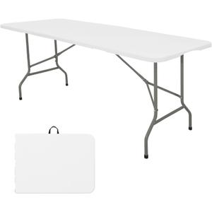 HAISIWLKJ Folding Table 8 FT Camping Table Portable Heavy Duty Plastic Rectangular Outdoor Dining Table Steel Legs Fold-in-Half with Carrying Handle for Indoor,Picnic,Party,Wedding,Events(White)