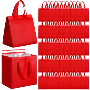FoldTier 50 Pcs Insulated Take Away Bags Bulk Thermal Insulation Food Bags for Coffee Milk Tea Hot Cold Fresh Food Seafood for Catering Restaurant Grocery (9.45x9.45x5.91inch,Red)