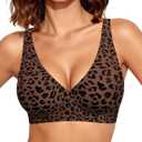 OEAK Womens Deep V Bras Wireless Comfortable Bra Supportive No Underwire Bras Tshirt Push Up Bralettes Plunge Seamless Bra (Small, Leopard Coffee)