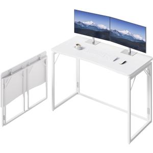 JOYMOOP White Folding Desk - 40", No Assembly Middle Size Foldable Desk for Home, Office, Wooden Top Folding Computer Desk for Working, Writing, Studying