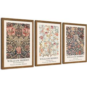 Krtoni 3PCS Framed William Morris Wall Art, Rustic Farmhouse Floral Wall Decor, Vintage Flower Plants Aesthetic Paintings, Flower Botanical Art Prints for Living Room Bedroom Bathroom 12W x 16H