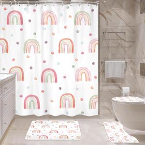 4 PCS Kids Girls Rainbow Shower Curtain Set 72Wx72H Inch, Bathroom Rug, Toilet Lid Cover, U Shape Mat, Boho Cute Pink Bathroom Set Nonslip Quick Dry Dirt Resistant Accessories Bathroom Decors
