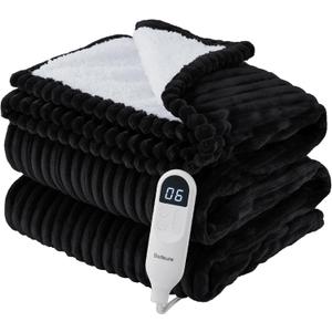 Bedsure GentleSoft Electric Blanket Full Size - Soft Ribbed Flannel Heated Blanket with 6 Heat Settings, Heating with 10 Time Settings, 8 hrs Timer Auto Shut Off, Gifts for Grandma (72"x84", Black)
