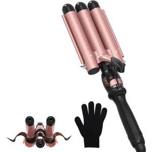 Three Barrel Curling Iron 1 Inch, 7 Heat Settings 180-430F, Ceramic Triple Hair Waver for Beach Waves, Dual Voltage 110-240V, Auto Shut-Off, Glove Included, Rose Gold