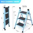 3 Step Ladder, Folding Step Stool for Adults, Lightweight Aluminum Step Ladder, Portable 330 LBS Capacity Ladders for Home Kitchen Library Office, Small Step Stools with Anti-Slip Wide Pedals, Blue